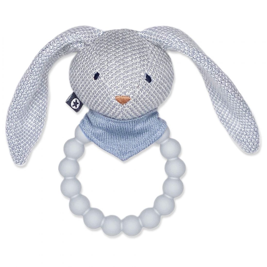 Small Stuff Rattle, silicone ring with knitted bunny, light blue
