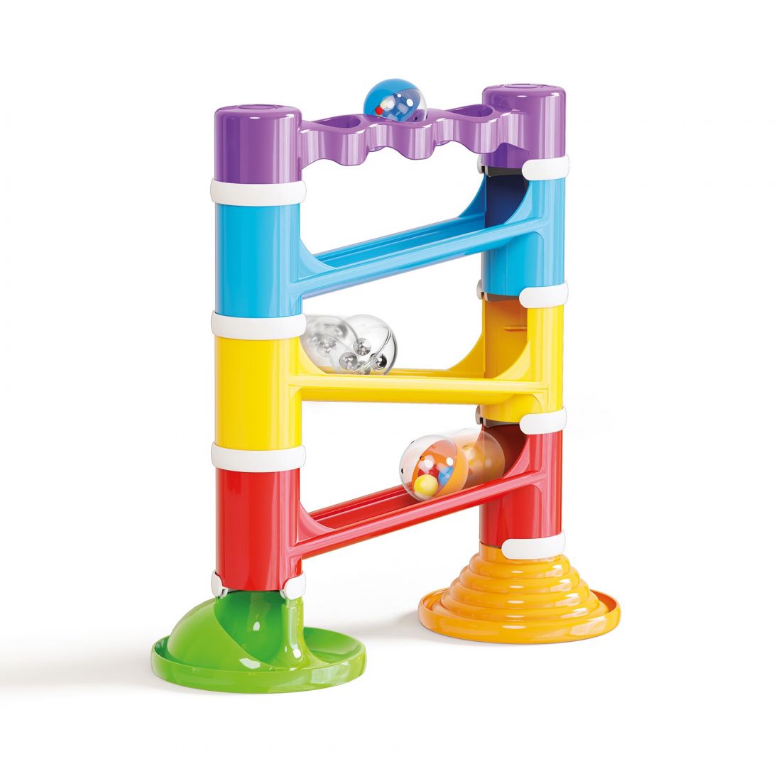 Funny breathtaking track with 3 large sound balls. Push the balls with your hand, it will be real fun to watch and hear their sound as they roll down the tower.