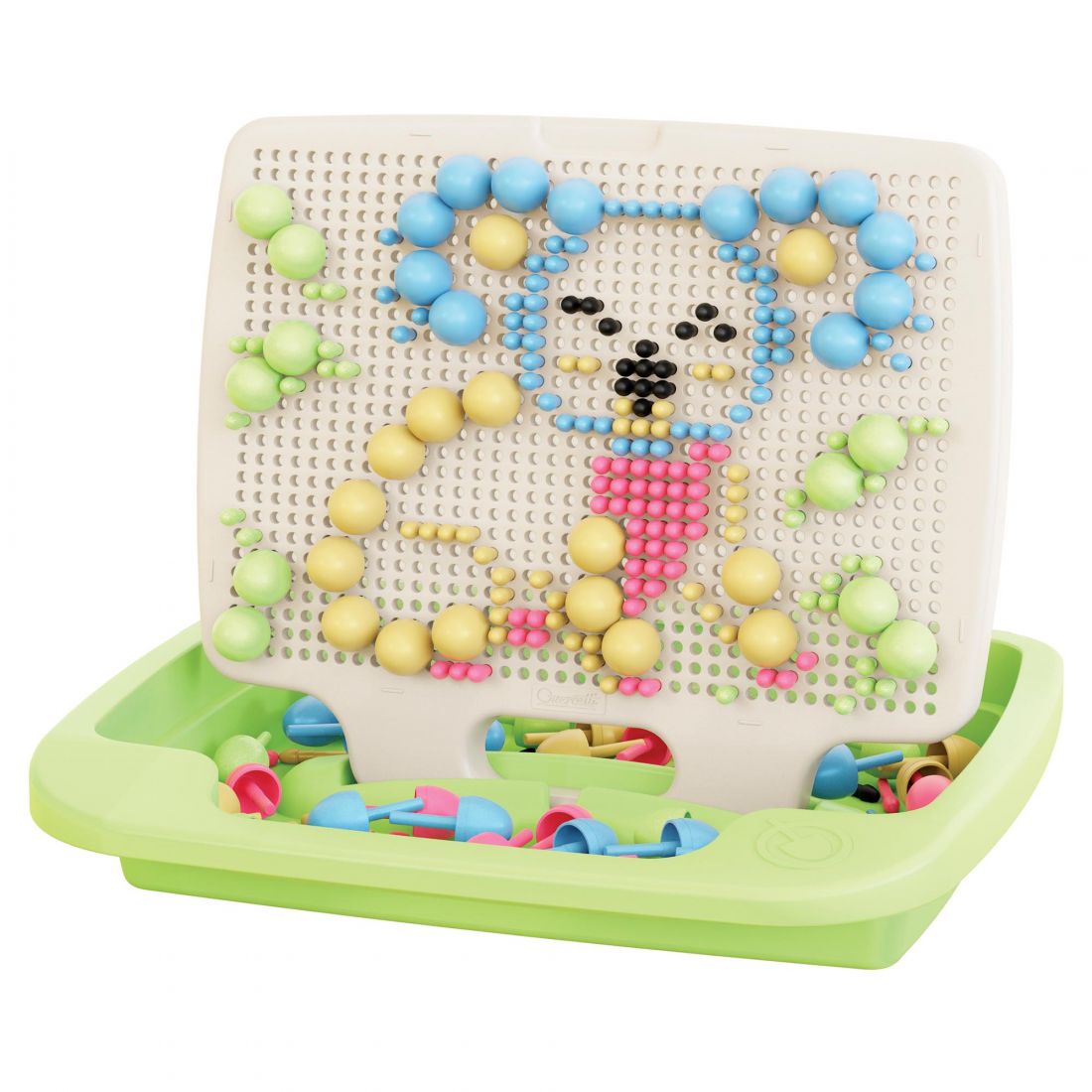 New design for the classic peg game, with tablet and basket to put everything in place. 4 patterns cards with examples to copy are included.