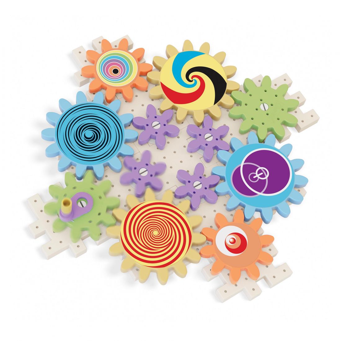 Construction game with various sizes gears for a spectacular chain reaction; everything starts moving as soon as the crank is turned. You learn, while having fun, some simple mechanics principles and you discover extraordinary optical effects.