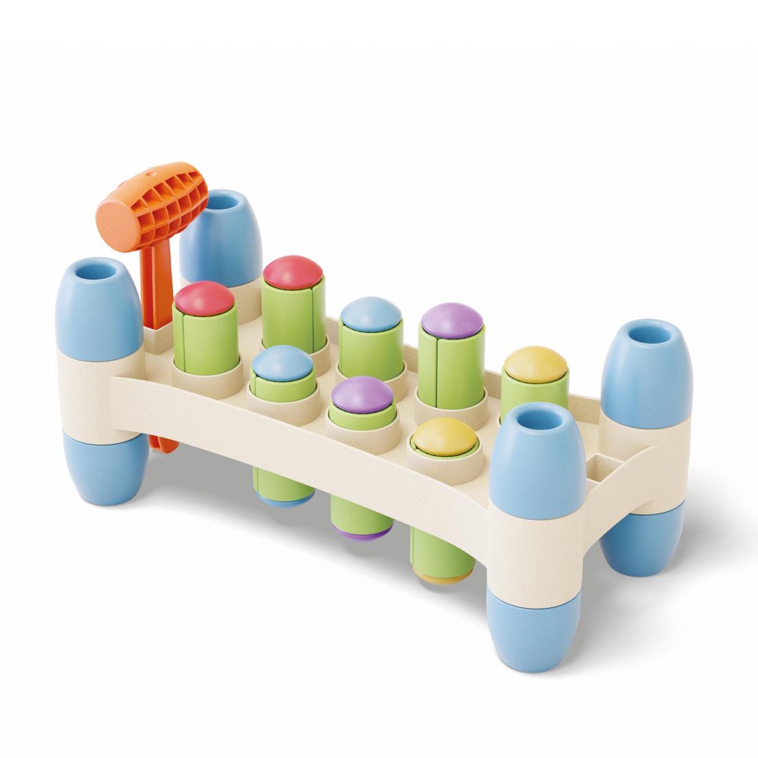 Have fun hitting the colourful pegs with the hammer and when you have finished turn the game upside down and start again. It can be played in two ways:
1 Classic, with pegs that will not fall out.
2 New, with pegs that will fall to the ground with the gam