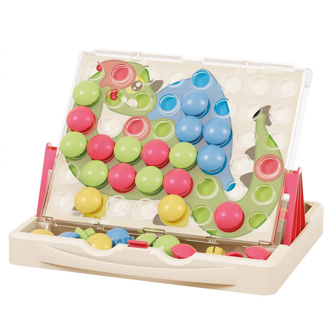 The classic mosaic button game that entertains and engages children worldwide. Just insert the coloured buttons in the holes in the 8 illustrated cards or simply follow your imagination!