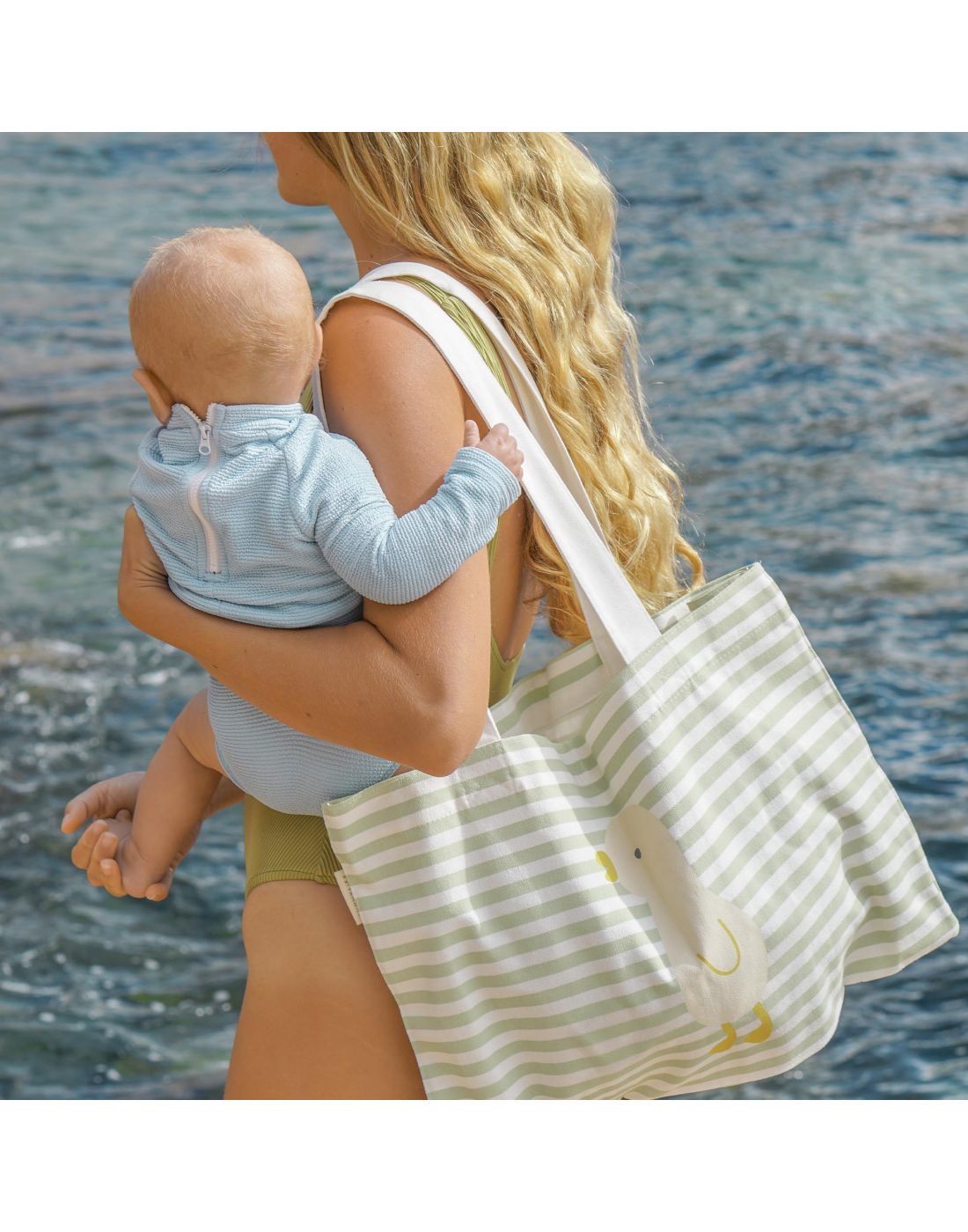 Sunnylife Kids Canvas Beach Bag Duck Sage Stripe 

