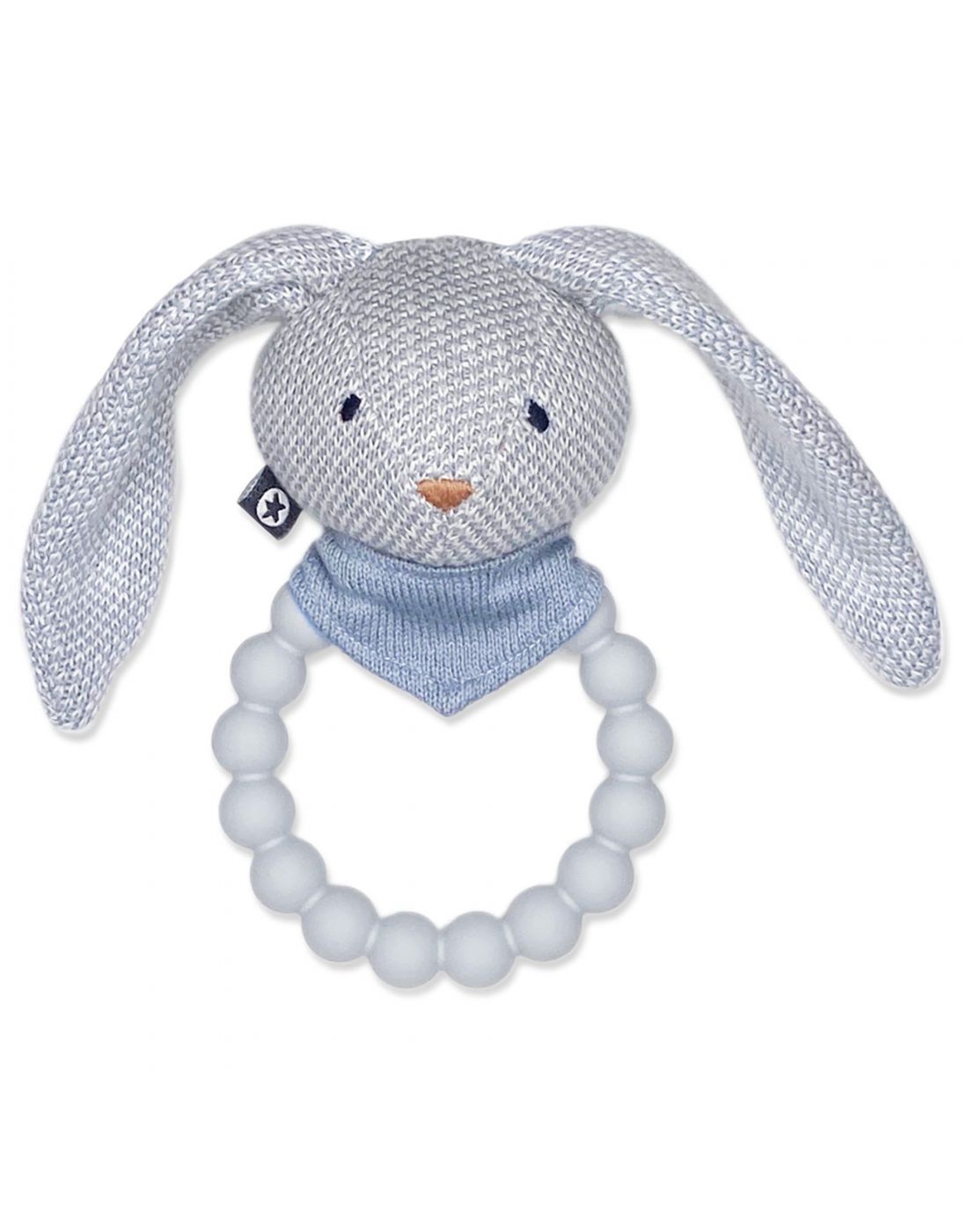 Small Stuff Rattle, silicone ring with knitted bunny, light blue
