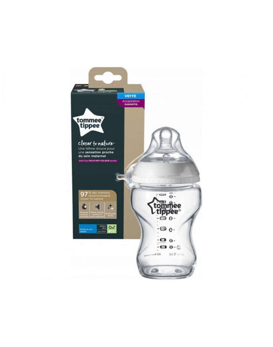 Tommee Tippee Baby Bottle Glass 250ml Closer to nature Low flow  0M +