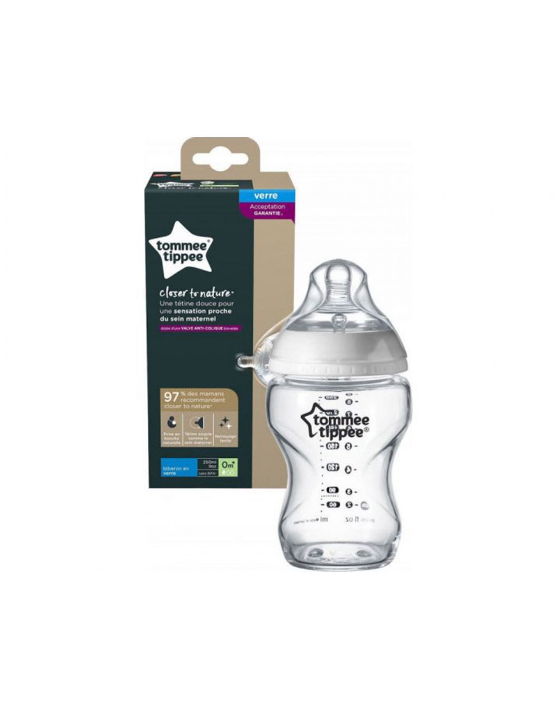 TOMMEE TIPPEE Colse To Nature Biberon En Verre 0m+ 250ml Lapin