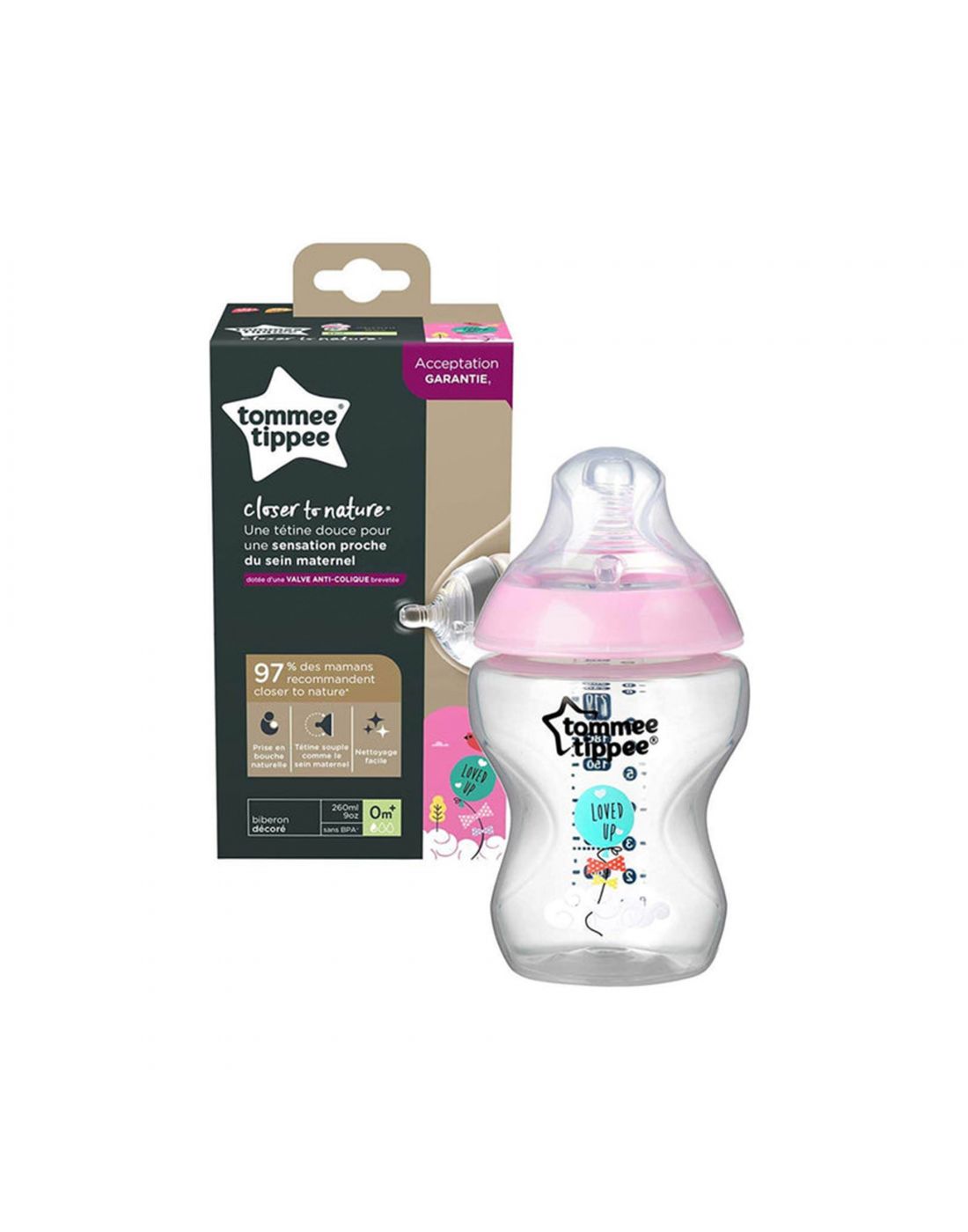 Tommee Tippee Baby Bottle Pink 260ml Closer to nature Low flow 0m +