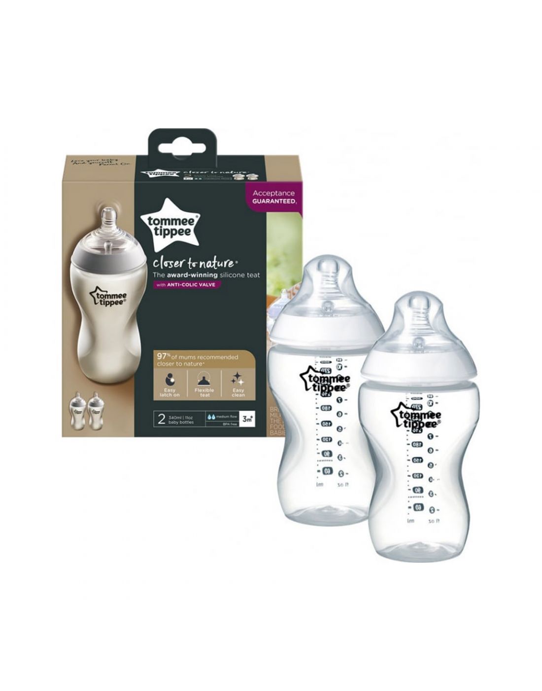 Tommee Tippee Baby Bottle 340ml Set 2pcs Closer to nature Medium flow 3m +