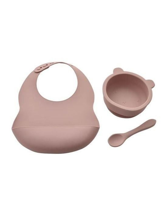 Bambino Baby Silicone Feeding Set Bib, Bowl and Spoon Pink