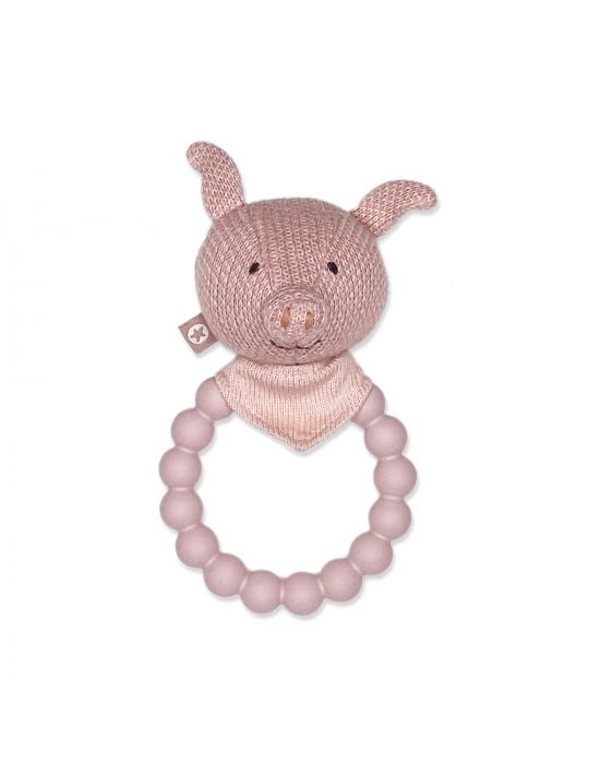 Small Stuff Rattle silicone ring with knitted pig soft rose
