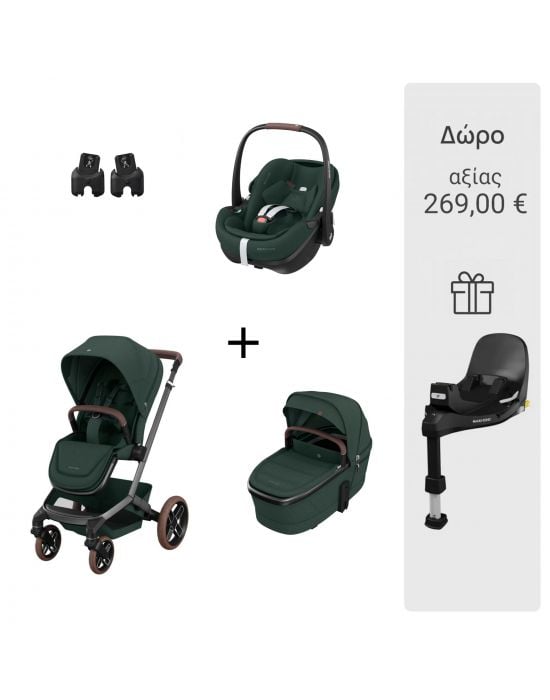 Καρότσι Fame Twillic Green Με Πορτ-Μπεμπε + Σετ Αντάπτορες+Κάθισμα Αυτοκινήτου PEBBLE 360 PRO2 Twillic Green Δώρο η Βάση FamilyFix 360 PRO